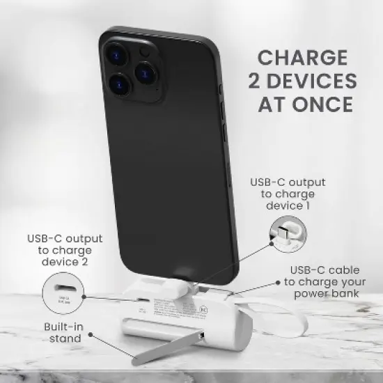 Travel Smart Phone Stand 5000mAh Power Bank: Built-In Cable, Charges 2 Devices Simultaneously image {2}