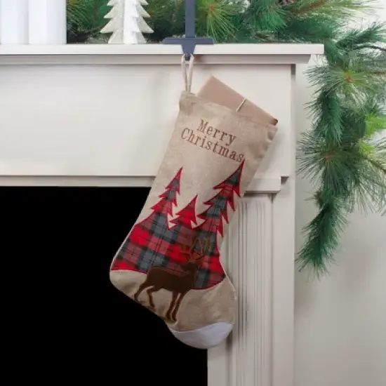 Northlight 19" Beige and Red Plaid Reindeer With Forest Trees Christmas Stocking image {1}