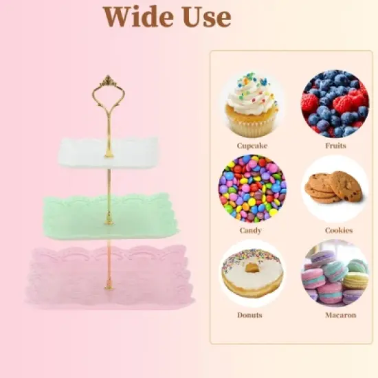 Unique Bargains 3 Tier Dessert Cupcake Stand Holder Square Tiered Serving Tray for Donuts Fruits White Pink Green Gold Tone image {4}