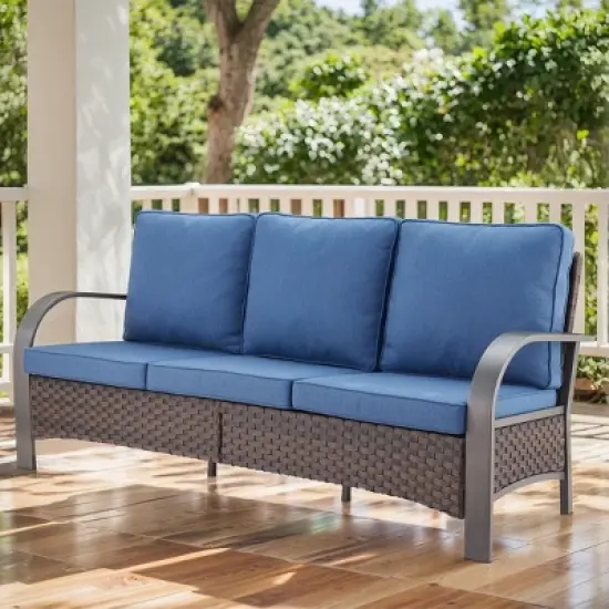 POCASSY Outdoor 75" Outdoor Sofa with Metal Armrest, All Weather Patio Brown Wicker Sofa Outdoor Couch Furniture for Porch, Deck, Garden image {14}