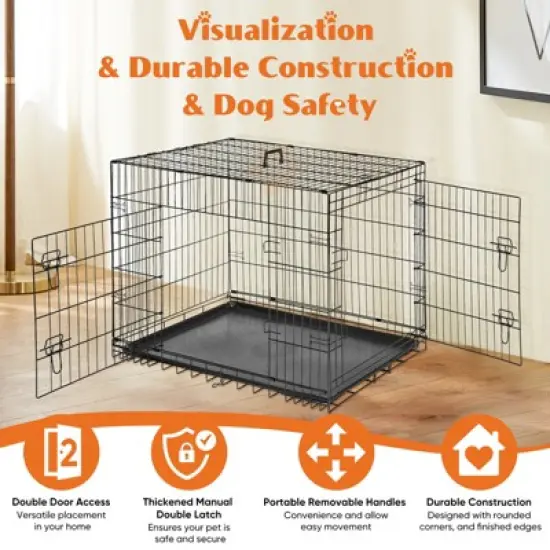 Lirago 36 Inch Black Dog Crate with Double Doors Foldable Metal Pet Cage Featuring Divider Panel and Removable Tray image {5}