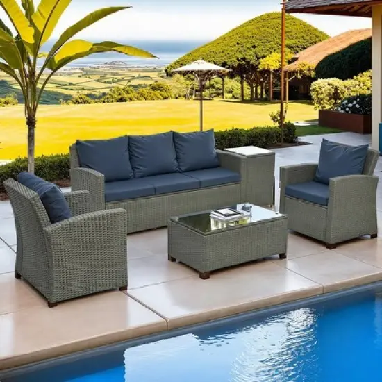 ELJGET Patio Furniture Set, 5 PCS Wicker Outdoor Conversation Set with 2 Coffee Tables for Backyard, Poolside, Garden image {2}