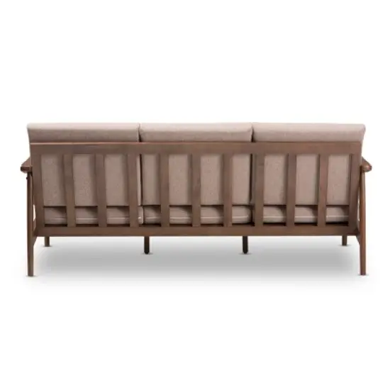 Venza Mid-Modern Walnut Wood Fabric Upholstered 3 Seater Sofa Light Brown - Baxton Studio image {3}