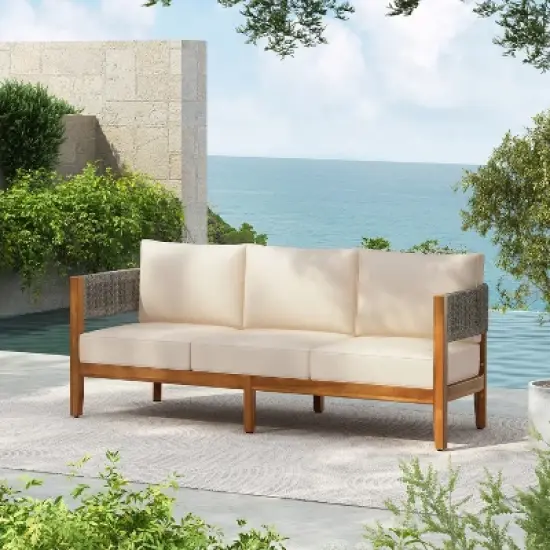 Christopher Knight Home Robin 76" Patio Rustic Rope Weave Acacia Wood 3-Seater Sofa with Cushions image {10}