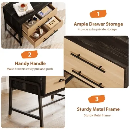 Homhougo Nightstand with 2 Drawers, Bedside Table with Storage, Wood Night Stand with Metal Legs, End Tables for Bedroom Living Room image {2}