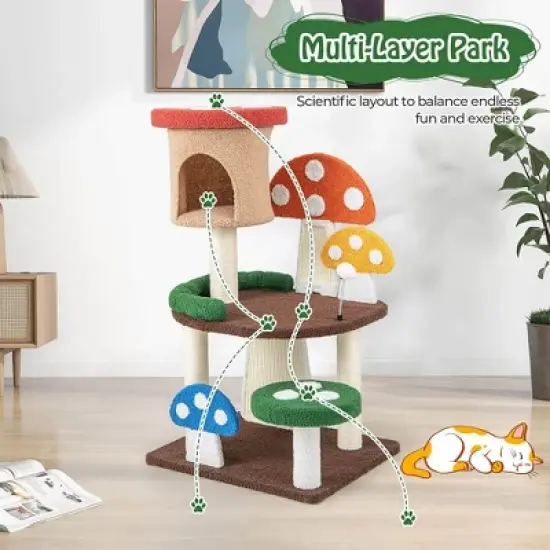Tangkula 41" Mushroom Cat Tree Tower Indoor Kitten Activity Center w/ Natural Sisal Posts image {6}