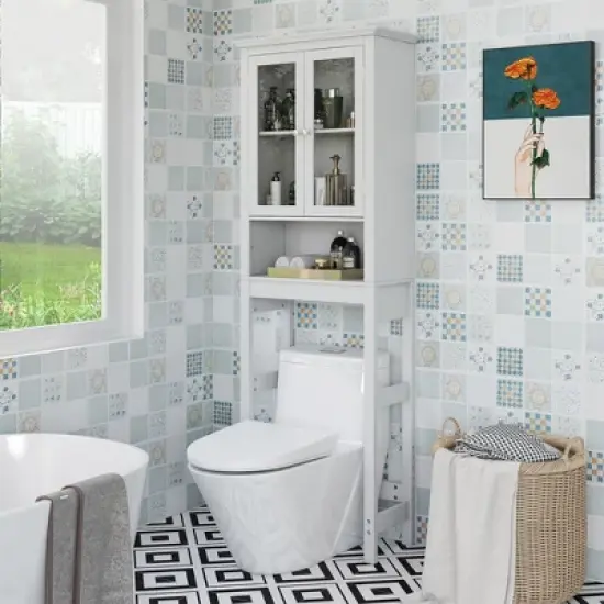 Costway Over The Toilet Storage Cabinet 2-Doors Bathroom Organizer with  Adjustable Shelf image {1}