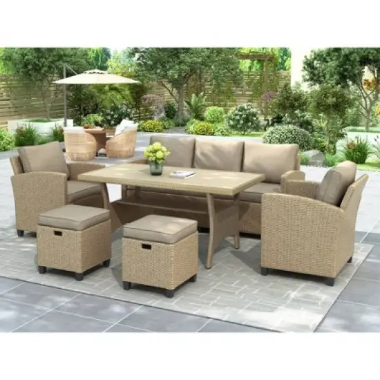 6pc Outdoor Wicker Conversation Set with Arm Chairs, Sofa, Ottomans & Coffee Table - Brown - GODEER image {3}
