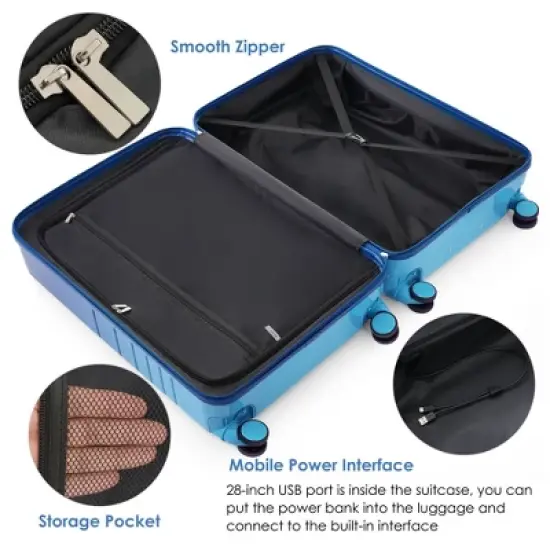 Wooakway 4-Piece Blue Luggage Set with 20, 24inch ABS+PC Hard Shell USB Port Front Opening Expandable Travel Bag image {6}