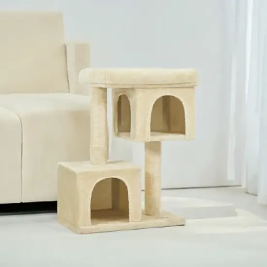 Cat Tree, 33.1-Inch Cat Tower, Cat Condo for Large Cats up to 16 lb, Large Cat Perch, 2 Cat Caves, Scratching Post, Cat Houses for Indoor image {1}