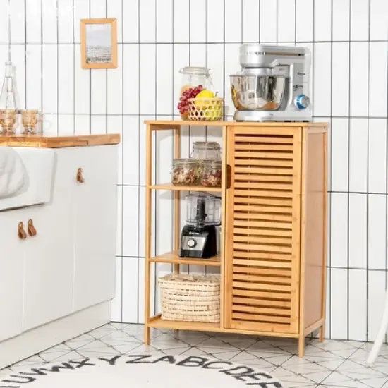 Costway Bathroom Cabinet Bamboo Storage Floor Cabinet w/ Single Door & 3 Open Shelves image {2}