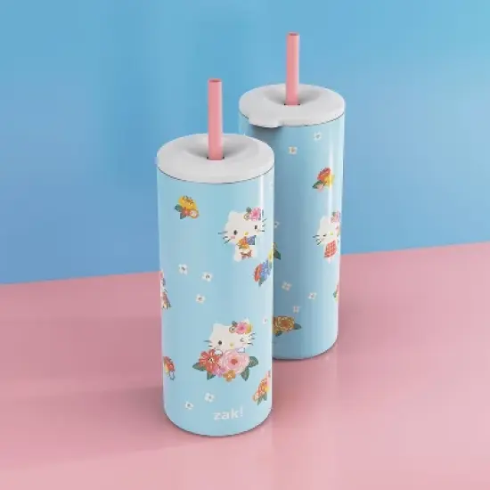 Zak Designs 16 fl oz Stainless Steel Vacuum Insulated Hello Kitty Straw Tumbler: Kids Portable Drinkware, Dishwasher-Safe image {4}