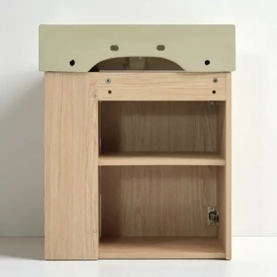 21.6" Floating Bathroom Vanity with Right Side Open Shelves, Wall-Mounted Cabinet with Ceramic Sink, Soft-Close Door image {3}