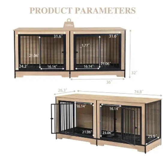 Gulches XL Double Dog Crate Furniture for Medium & Large Dogs - Wooden Kennel with Tray image {3}