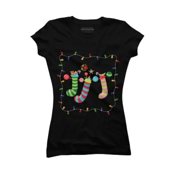 Junior's Design By Humans Christmas Stocking with Christmas Lights By realdealclipart T-Shirt image {3}