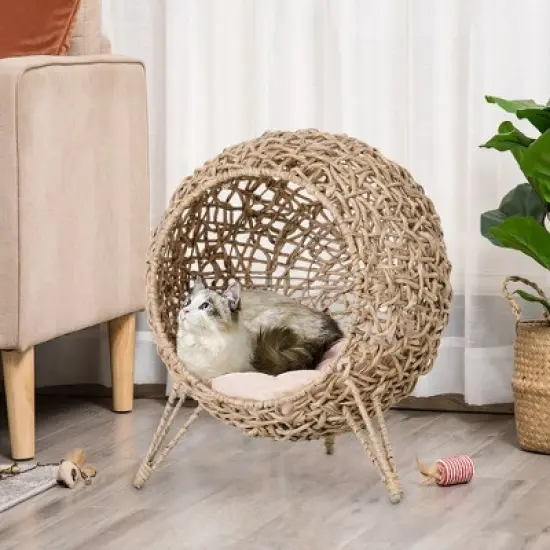 PawHut Rattan Cat Bed Elevated Wicker Kitten House with Cushion, Natural, 20.5" x 20.5" x 22.75" image {1}