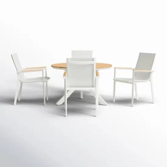 Round Planked Wood Top Outdoor Dining Set 4Piece Textured Mesh Chair Patio Furniture image {7}