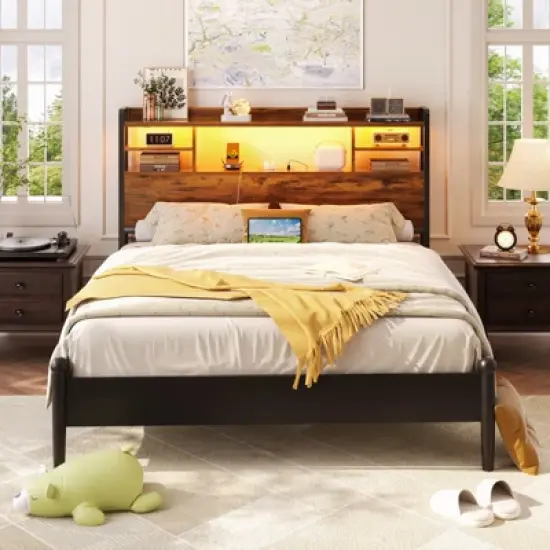 Aheaplus Headboard with Storage shelves and Charging Station, Wood Headboard with LED Light image {1}