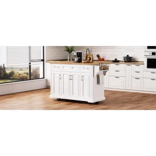 XINGHANZHENXUAN White Kitchen Island with Drop Leaf, Rolling Cart on Wheels, Rubber Wood Top & Embossed Texture for Farmhouse Kitchens image {6}