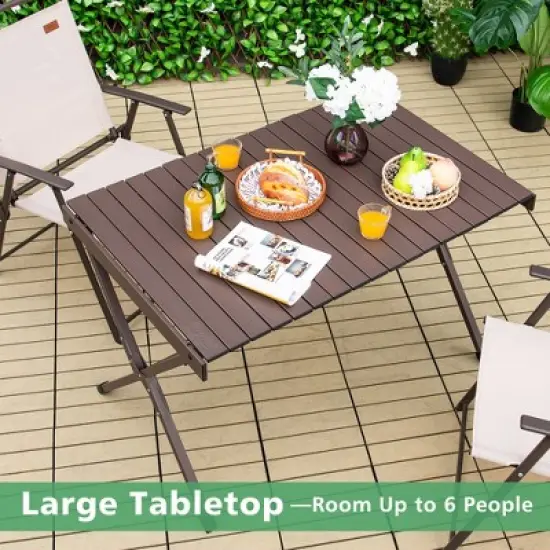 Costway 4-6 Person Portable Aluminum Camping Table Lightweight Roll Up Table Grey/Brown image {8}