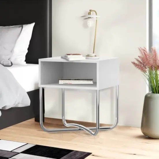 Bedside Nightstand with Open Compartment and Tubular Metal Base White/Chrome - The Urban Port image {4}