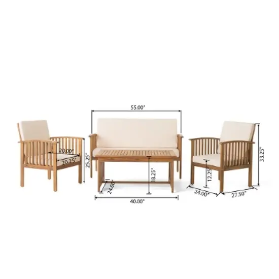 4 Pieces Acacia Wood Outdoor Patio Conversation Sets,Garden Backyard Furniture Sofa Set,Outdoor Table and Chair Set with Cushions-Coolbibila image {6}