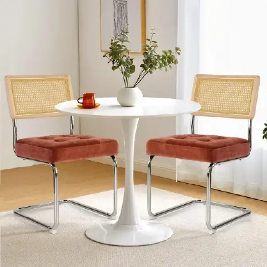 Set of 2 Kylie 20.5" Wider Flannel Upholstered Tufted Seat With Metal Chrome Legs and Woven Rattan Backrest Dining Chairs - The Pop Maison image {9}