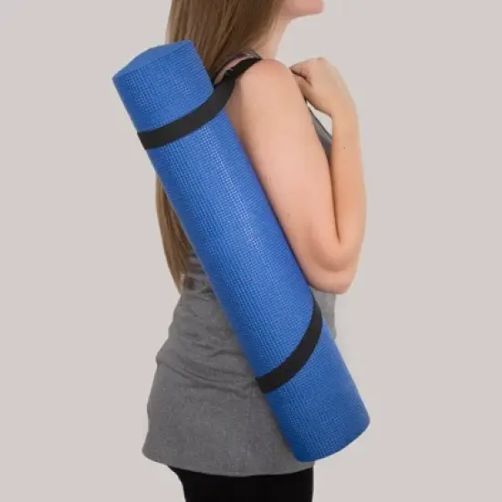 Yoga Mat - Thick Double-Sided 0.25"H - Foam Gym and Workout Equipment - Padded Fitness Surface for Pilates with a Carrying Strap by Wakeman (Blue) image {1}