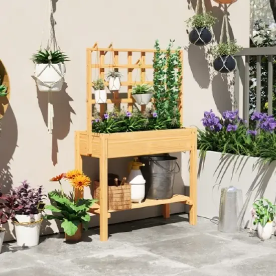 Outsunny Wooden Raised Planter Box with Trellis, Raised Flower Bed with Storage Shelf, Outdoor Garden Planter for Vegetables, Flowers, Herbs image {2}