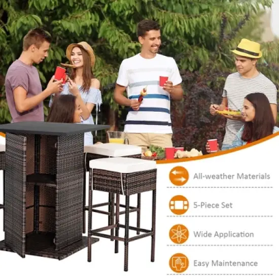 Costway Patio 5PCS Rattan Bar Table Stool Set Hidden Storage Shelf Cushioned image {4}