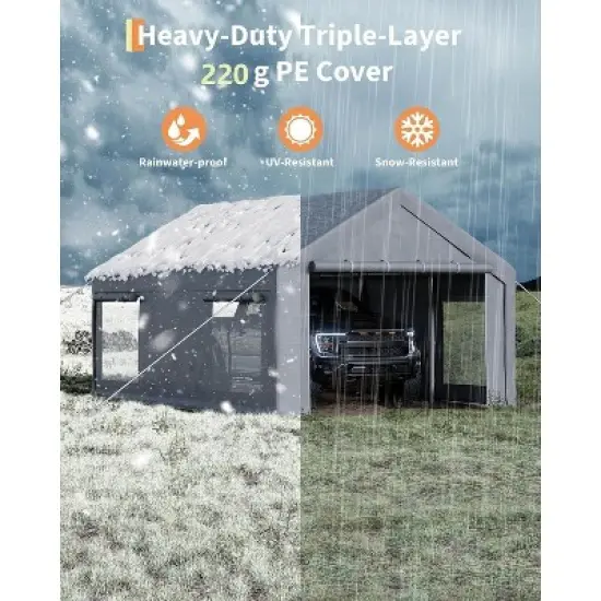 13'x20' Heavy Duty Carport, Removable Side Walls & Doors, Ventilated Roll-Up Windows, All-Season Awning, Rust-Resistant Steel Frame image {4}