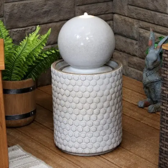 Sunnydaze Modern Orb on Circle-Pattern Base Ceramic Outdoor Fountain with LED Lights, Gray image {1}