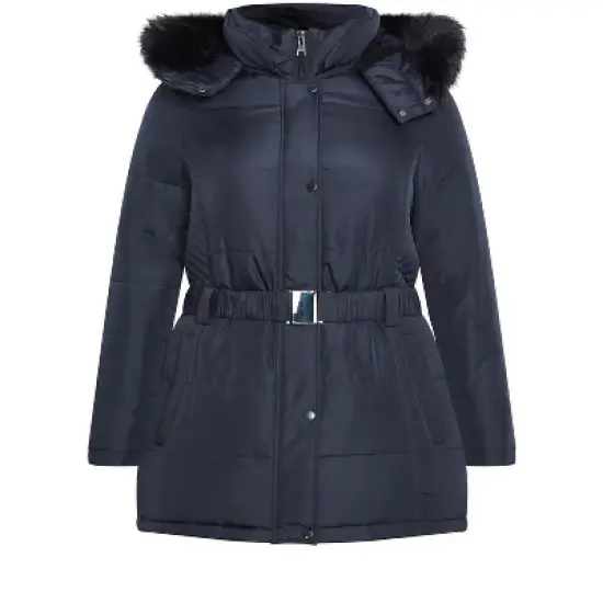 Women's Plus Size Belted Hood Puffer Coat - navy | AVENUE image {2}