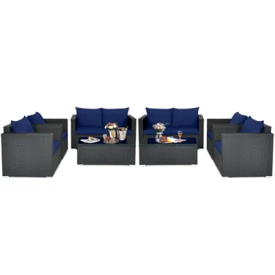 Tangkula Set of 8 Patio Rattan Conversation Furniture Set Outdoor Wicker Sofa Set with Padded Cushion & Tempered Glass Coffee Table Navy image {4}