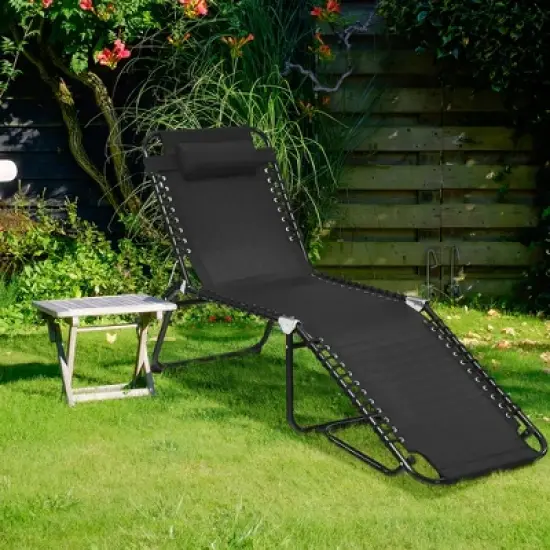 Costway Folding Beach Lounge Chair Heightening Design Patio Lounger w/ Pillow Black\Grey image {1}