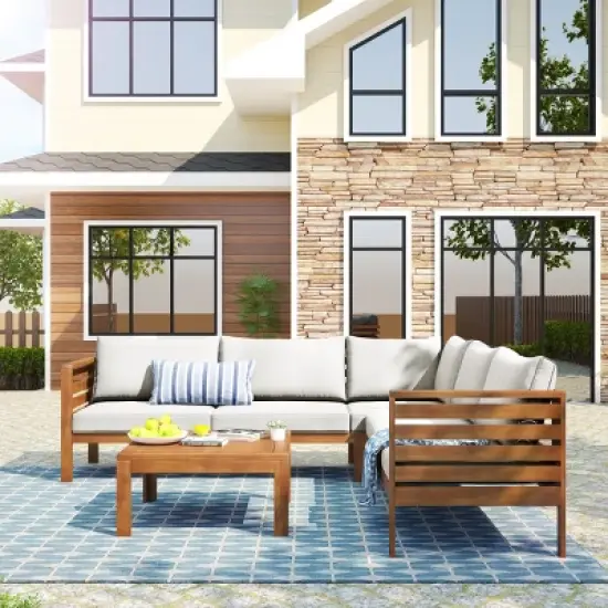 Outdoor L-Shaped Sectional Sofa, Acacia Wood Patio Couch Set with Cushions and Coffee Table, Corner Garden Sofa &ndash; Cuddlewood image {2}