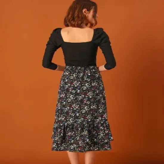 Allegra K Women's Chiffon Elastic Waist Ruffle Tiered Flowy Midi Printed Skirts image {4}