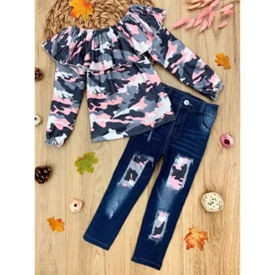 Girls Can't See Me Camo Patched Jeans Set - Mia Belle Girls image {4}