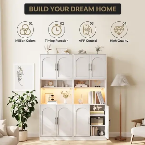 Kitchen Pantry Cabinet with RGB Light, Tall Kitchen Hutch Bar Cabinet with Microwave Stand and Barn Doors & 2 Open Shelves image {7}