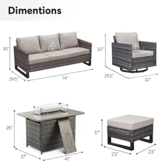 Buenhomino 6 Peices Outdoor Patio Furniture Set with 41" Fire Pit Table, Wicker Swivel Rocking Chairs Conversation Sets for Yard Garden Porch image {2}