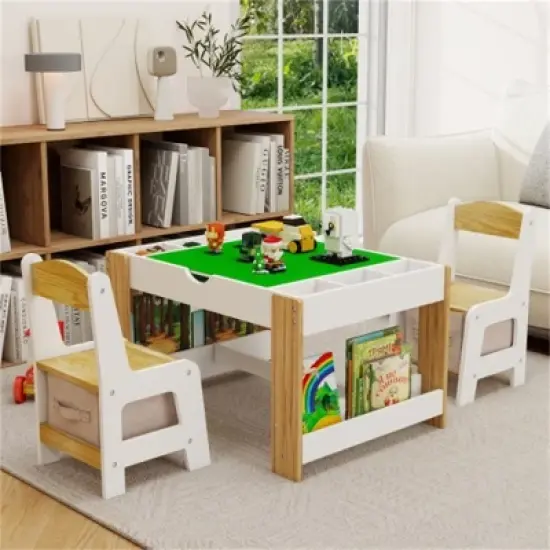 YONWAY Kids 2 in 1 Play Table,Compartments,Compatible with LEGO Building Block,Modern Activity Learning Table Game Furniture-White image {10}