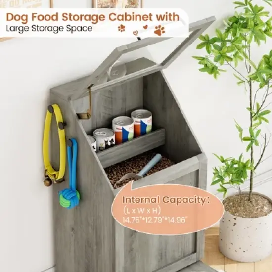 Top Opening Dog Feeding Station, Wooden Dog Food Storage Cabinet with 2 Elevated Dog Bowls, 3 Hooks, Hidden Design, Large Pet Food Storage image {6}