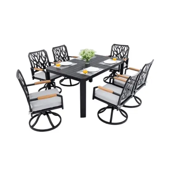 UNISOAR 7-PC Outdoor Patio Aluminum Furniture Set, Modern Dining Set. Rectangular Table with 6 Swivel Rockers Sunbrella Fabric Cushioned image {5}