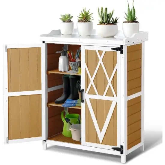 Potting Bench Outdoor Cabinet with Metal Tabletop, Wooden Storage Cabinets Weatherproof, Planting Work Benches with Adjustable Shelf image {7}