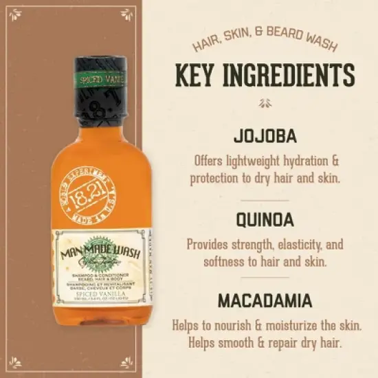 18.21 Man Made Spiced Vanilla 3-in 1 Travel Size Mens Shampoo+Conditioner+Body Wash, 3.4 oz image {3}