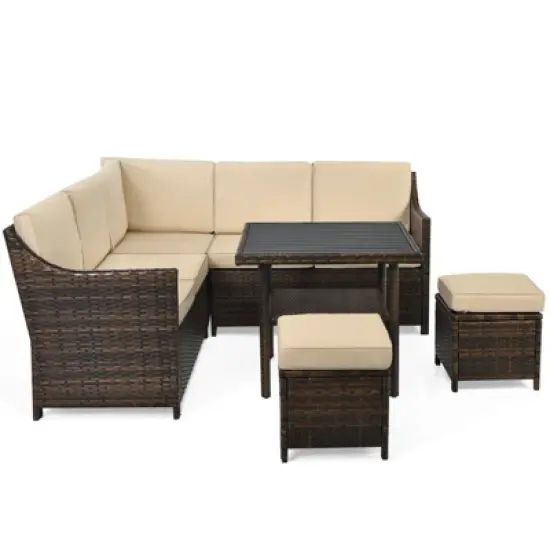 Tangkula 6PCS Patio Rattan Furniture Set All-Weather Sectional Cushioned Sofa Ottoman Dining Table Lower Shelf image {3}
