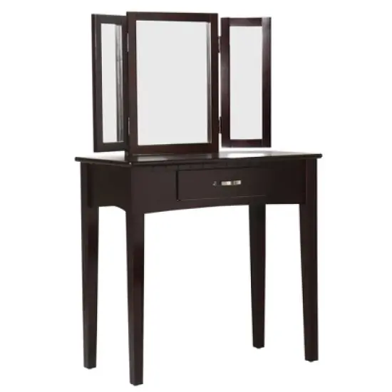 Wooden Vanity Table with 3 Panel Mirror and Padded Stool Brown - Benzara image {1}