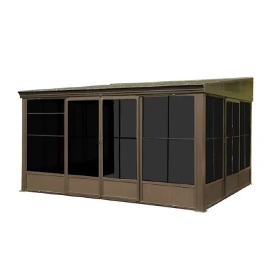 Mondawe 12x14FT Hardtop Wall Mounted Gazebo Lean to Gazebo with Sloping Galvanized Steel Roof, Aluminum Frame, Drainage System, Curtains and Netting image {5}