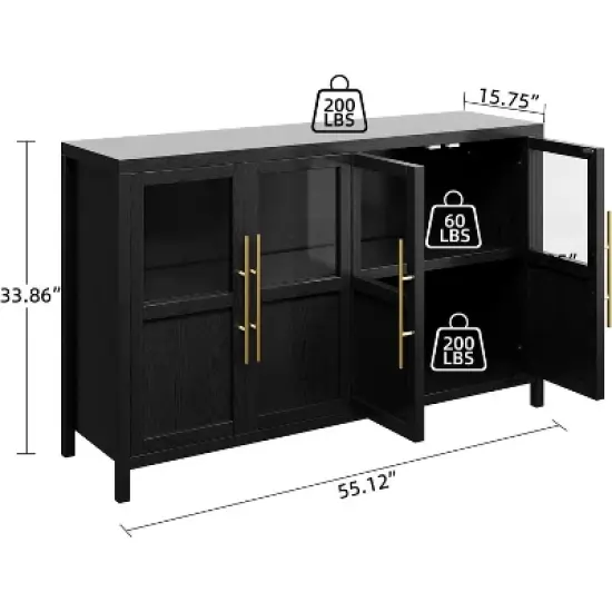55'' Large Sideboard Buffet Cabinet, Glass Door Kitchen Storage Cabinet, Wooden Farmhouse Coffee Bar Cabinet, Buffet Table with Storage image {7}