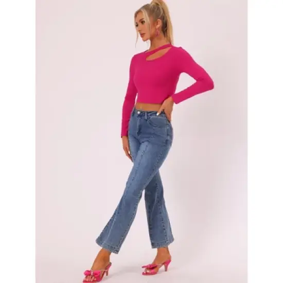 Allegra K Women's Casual Long Sleeve Cut Out Slim Fitted Basic Crop Tops image {3}